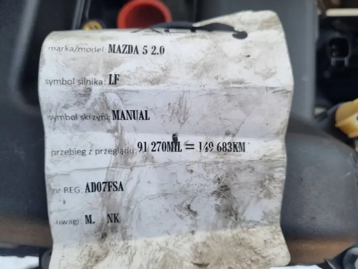 SILNIK KOMPLET Mazda5 Mazda 5 2.0 16V udokumentowane 149tyś LF LF20