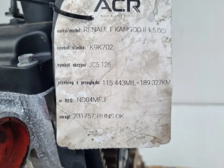 SILNIK Renault Kangoo II 1.5 DCI 82KM udokumentowane 189tyś K9K702