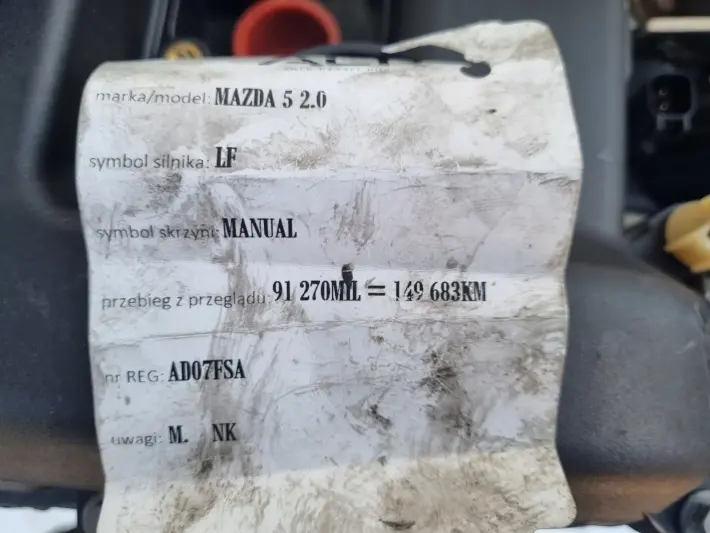 SILNIK KOMPLET Mazda5 Mazda 5 2.0 16V udokumentowane 149tyś LF LF20