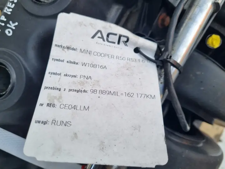 SILNIK Mini One R50 R53 1.6 16V 01-06r serwisowany 162tyś W10B16A