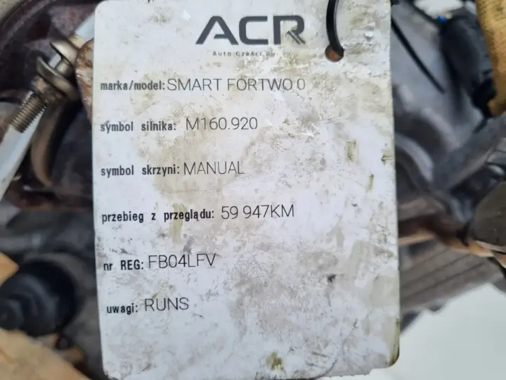 SILNIK KOMPLET Smart ForTwo 0.7 700 T TURBO tylko 59tyś 160920 160.920